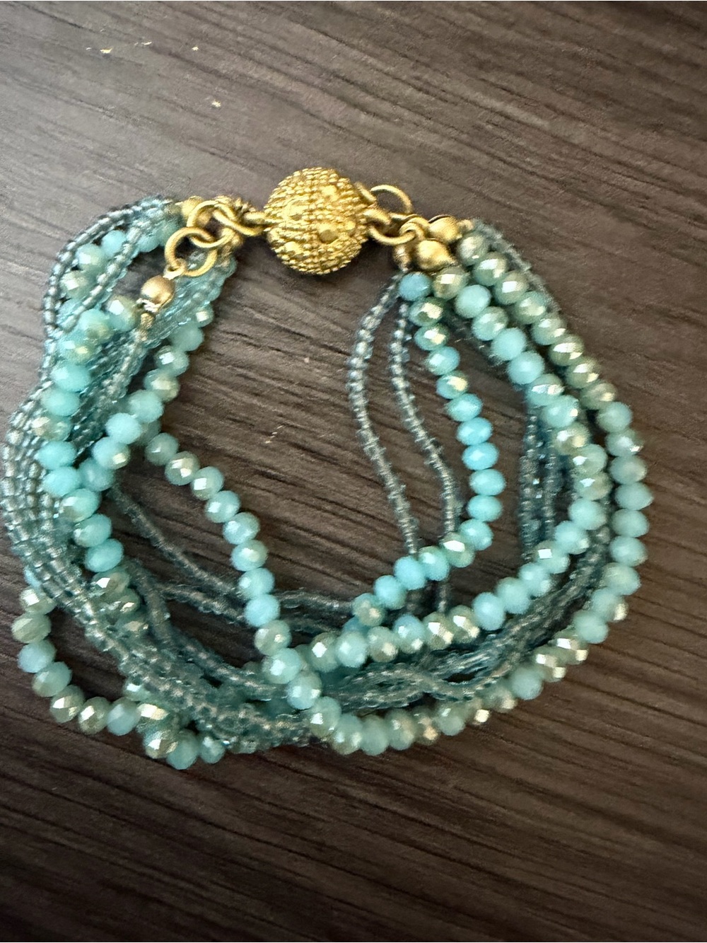 Multi-Strand Aqua Beaded Bracelet with Gold-Tone Clasp - Picture 2 of 7